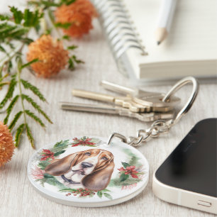 Basset Hound Christmas Wreath Festive Pup  Key Ring