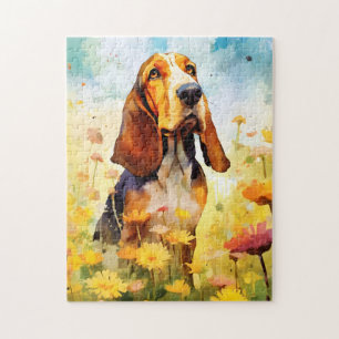 Basset Hound colorful watercolor artwork Jigsaw Puzzle
