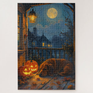 Basset Hound Cosy Porch Halloween Art Jigsaw Puzzle