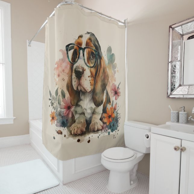 Basset Hound Cute Puppy In Glasses #1 Art Bathroom Shower Curtain (In Situ)
