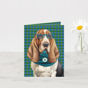 Basset Hound Dog and Teal Plaid Monogrammed Card