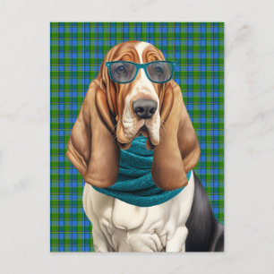 Basset Hound Dog and Teal Plaid Monogrammed Holiday Postcard