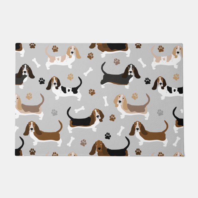 Basset Hound Dog Bones and Paws Doormat (Front)