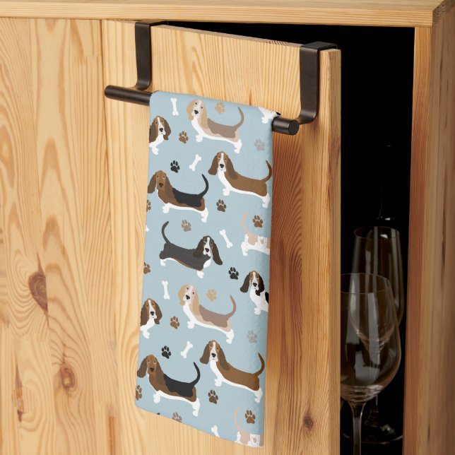 Basset Hound Dog Bones and Paws Kitchen Towel (Thirds Fold)