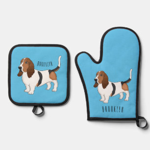 Basset hound dog cartoon illustration  oven mitt & pot holder set