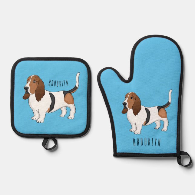 Basset hound dog cartoon illustration  oven mitt & pot holder set (Front)