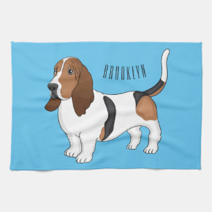 Basset hound dog cartoon illustration tea towel