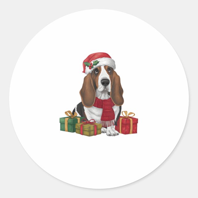 Basset Hound Dog Christmas Parties Santa Dog Lover Classic Round Sticker (Front)