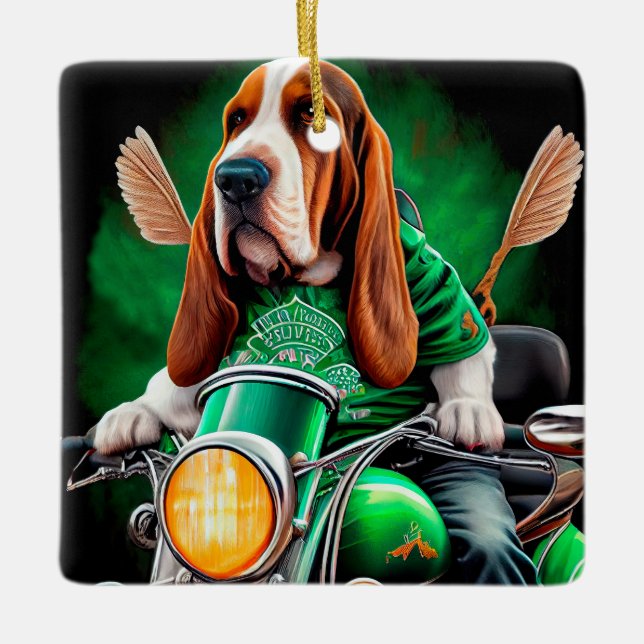  Basset Hound Dog driving bike St. Patrick's Day Ceramic Ornament (Front)