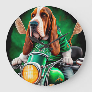  Basset Hound Dog driving bike St. Patrick's Day Large Clock