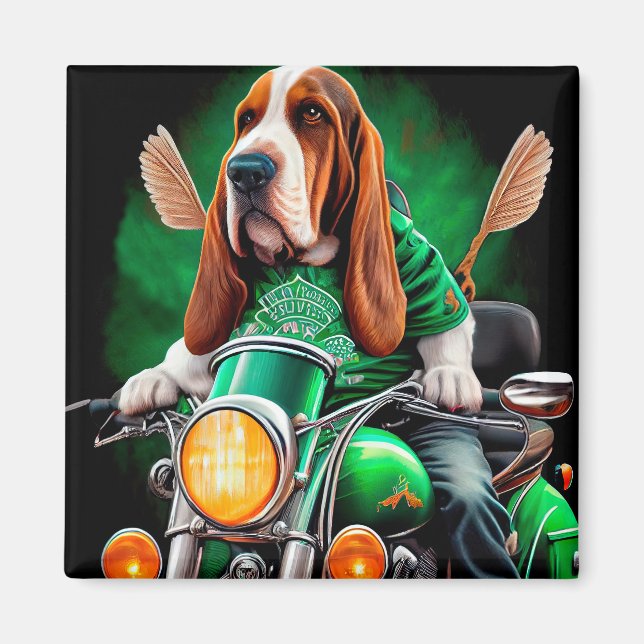  Basset Hound Dog driving bike St. Patrick's Day Magnet (Front)