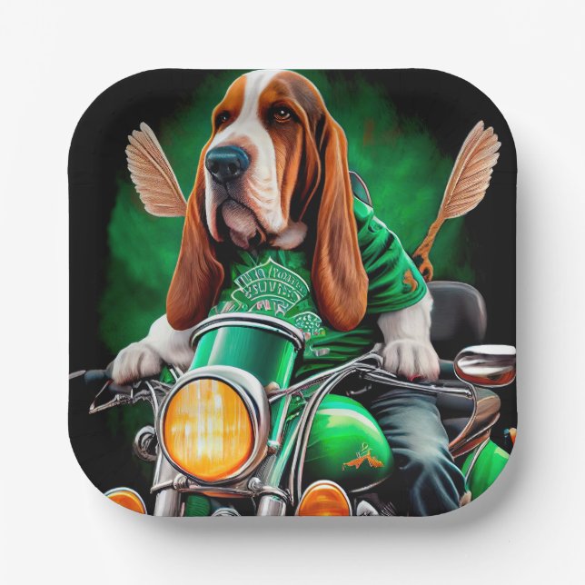  Basset Hound Dog driving bike St. Patrick's Day Paper Plate (Front)