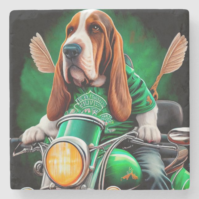  Basset Hound Dog driving bike St. Patrick's Day Stone Coaster (Front)