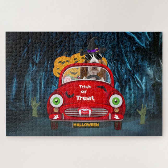 Basset Hound Dog Driving Car Scary Halloween Jigsaw Puzzle (Horizontal)