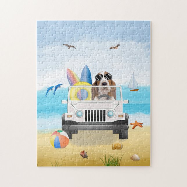 Basset Hound Dog Driving on Beach  Jigsaw Puzzle (Vertical)