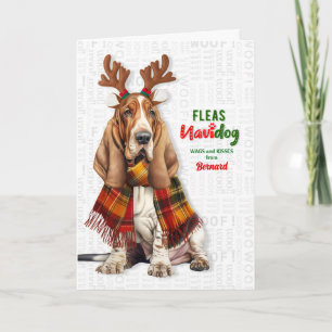 Basset Hound Dog Funny Fleas Navidog with Name Holiday Card