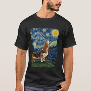 Basset Hound Dog Howling At Moon Starry Night Van  T-Shirt