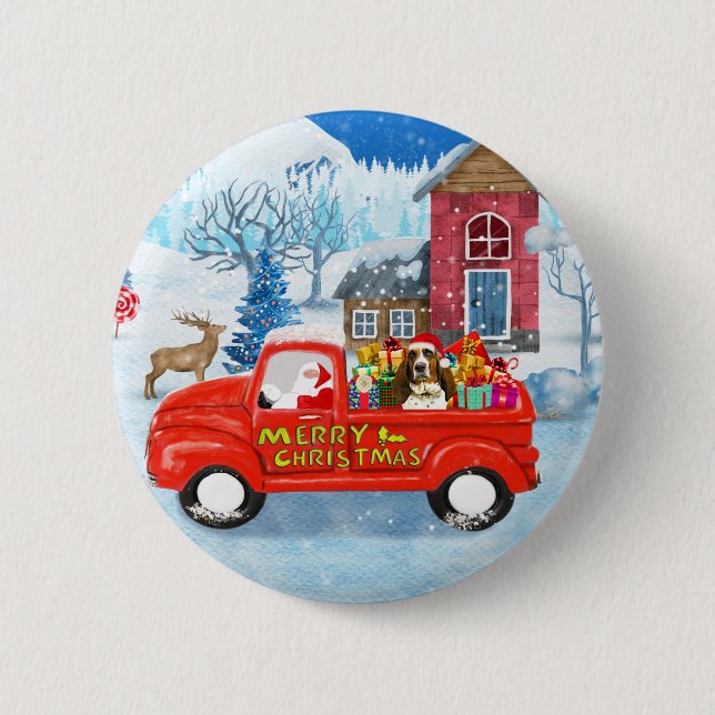 Basset Hound Dog in Christmas Delivery Truck Snow  6 Cm Round Badge (Front)