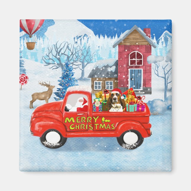 Basset Hound Dog in Christmas Delivery Truck Snow Magnet (Front)