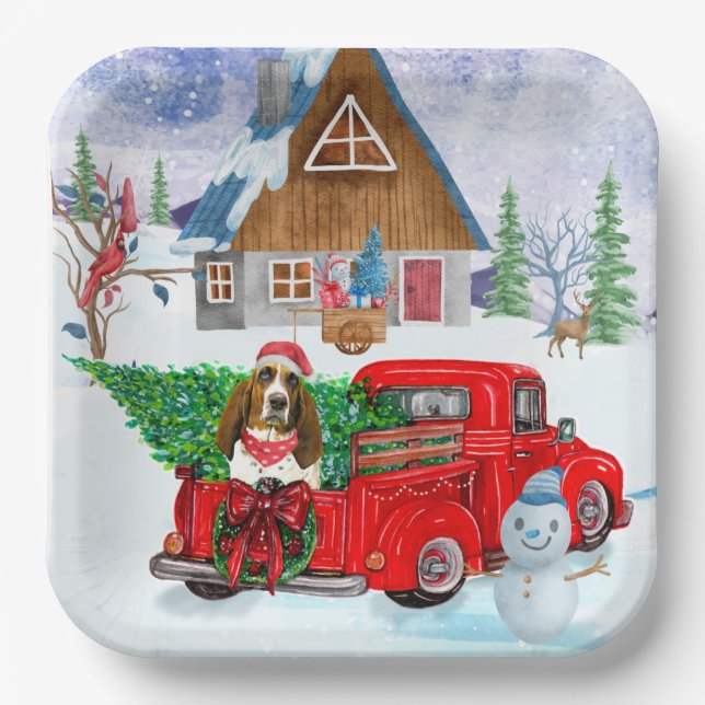 Basset Hound dog In Christmas Delivery Truck Snow  Paper Plate (Front)