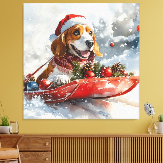Basset Hound Dog in Sledge Let it Snow Christmas Canvas Print (Insitu(LivingRoom))
