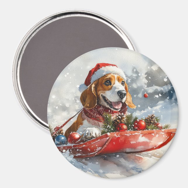 Basset Hound Dog in Sledge Let it Snow Christmas Magnet (Front/Back)