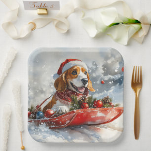 Basset Hound Dog in Sledge Let it Snow Christmas Paper Plate