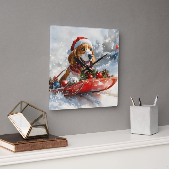 Basset Hound Dog in Sledge Let it Snow Christmas Square Wall Clock (Office)