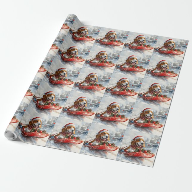 Basset Hound Dog in Sledge Let it Snow Christmas Wrapping Paper (Unrolled)