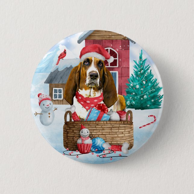 Basset Hound Dog In snow Christmas Dog House 6 Cm Round Badge (Front)
