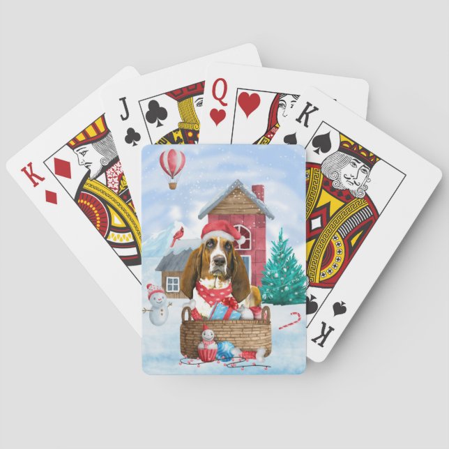 Basset Hound Dog In snow Christmas Dog House Playing Cards (Back)