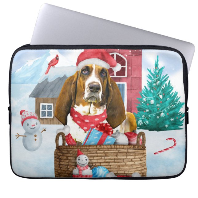 Basset Hound Dog In snow Christmas Laptop Sleeve (Front)