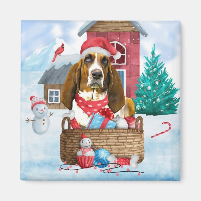 Basset Hound Dog In snow Christmas Magnet (Front)
