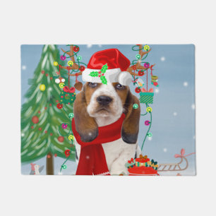 Basset Hound Dog in Snow with Christmas Gifts  Doormat