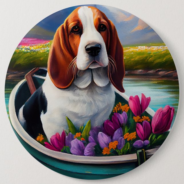 Basset Hound Dog on a Paddle: A Scenic Adventure 6 Cm Round Badge (Front)