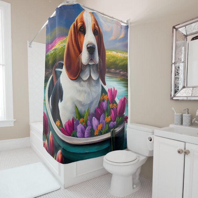 Basset Hound Dog on a Paddle: A Scenic Adventure Shower Curtain (In Situ)