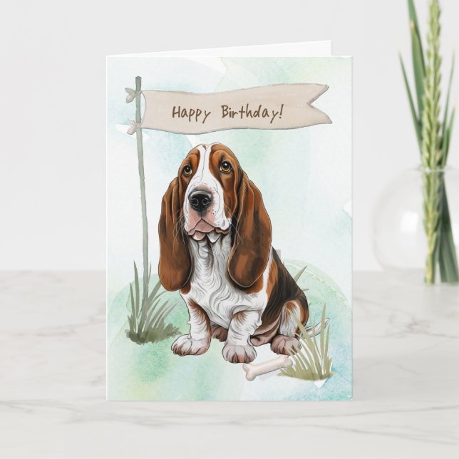 Basset Hound Dog Outdoors Under Birthday Sign Card (Front)