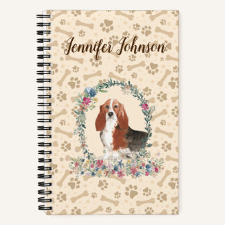 Basset Hound Dog Paw Print & Floral Cute Notebook