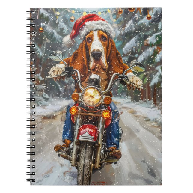 Basset Hound Dog Riding Motorcycle Christmas  Notebook (Front)