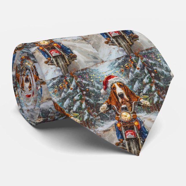 Basset Hound Dog Riding Motorcycle Christmas  Tie (Rolled)