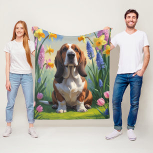 Basset Hound Dog Spring Flowers Painting Fleece Blanket