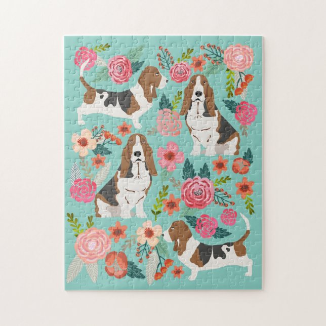 Basset Hound Dog Vintage Florals Jigsaw Puzzle (Vertical)