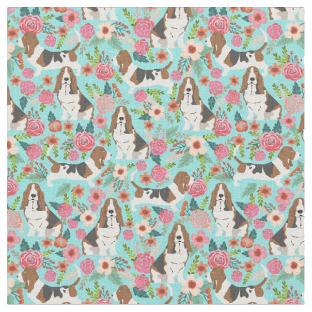 Basset Hound dog vintage florals mint Fabric (Close Up)