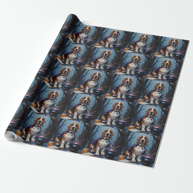 Basset Hound Dog Whimsical Halloween Painting Wrapping Paper (Unrolled)