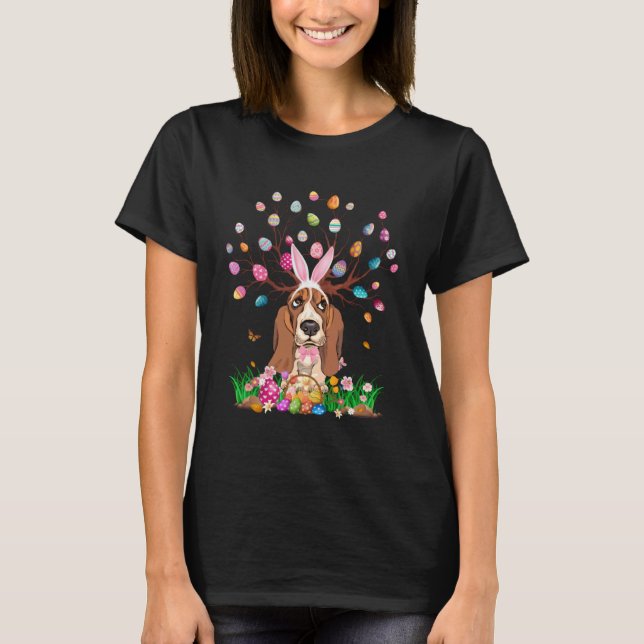 Basset Hound Dog With Bunny Ears Easter Egg Tree E T-Shirt (Front)