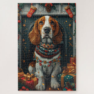 Basset Hound Dog With Christmas Gifts Fireplace Jigsaw Puzzle