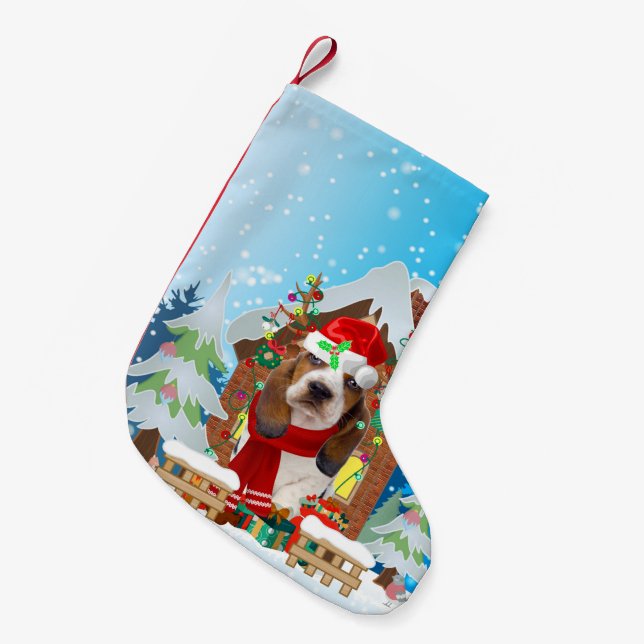Basset Hound dog with Christmas gifts Small Christmas Stocking (Front (Hanging))