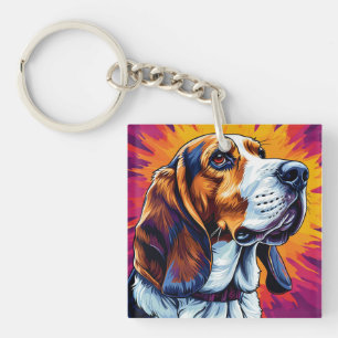 Basset Hound dog with Colourful Background Key Ring