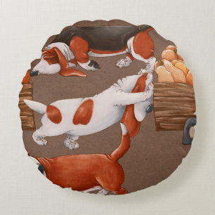 Basset Hound dogs are carrying a cart with pumpkin Round Cushion