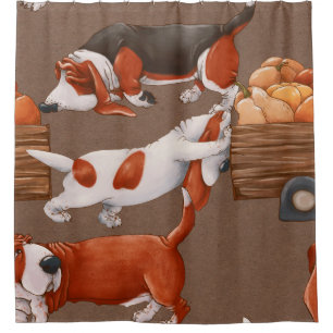 Basset Hound dogs are carrying a cart with pumpkin Shower Curtain